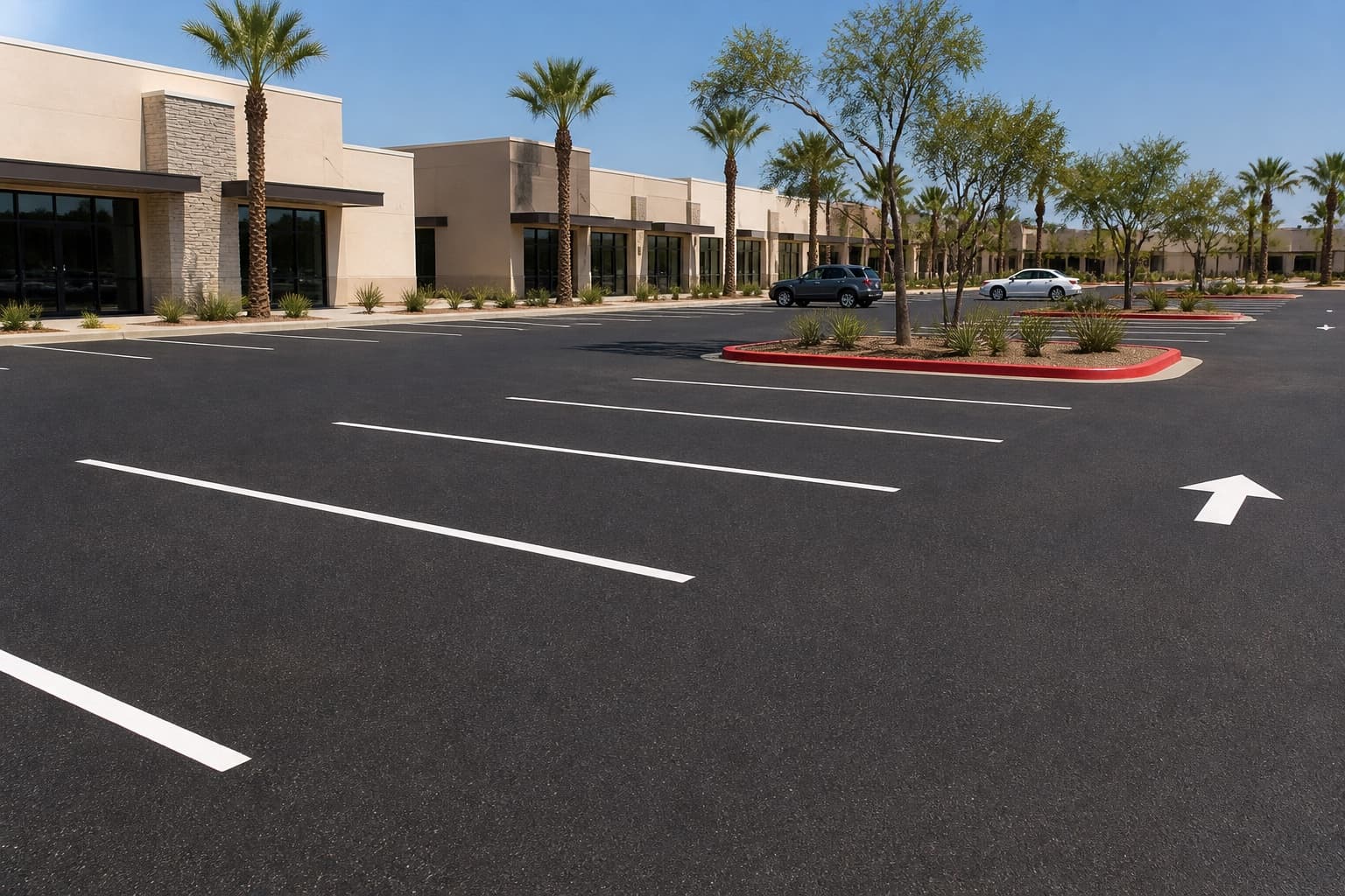 Illustrative view of a newly paved and striped Southern California shopping center parking lot