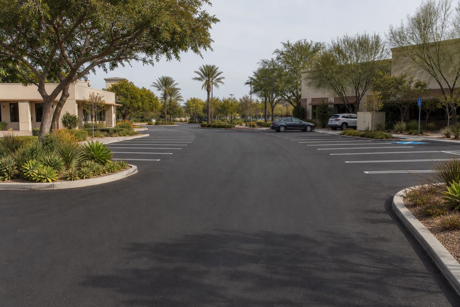 Illustrative view of a freshly resurfaced Southern California office campus parking lot