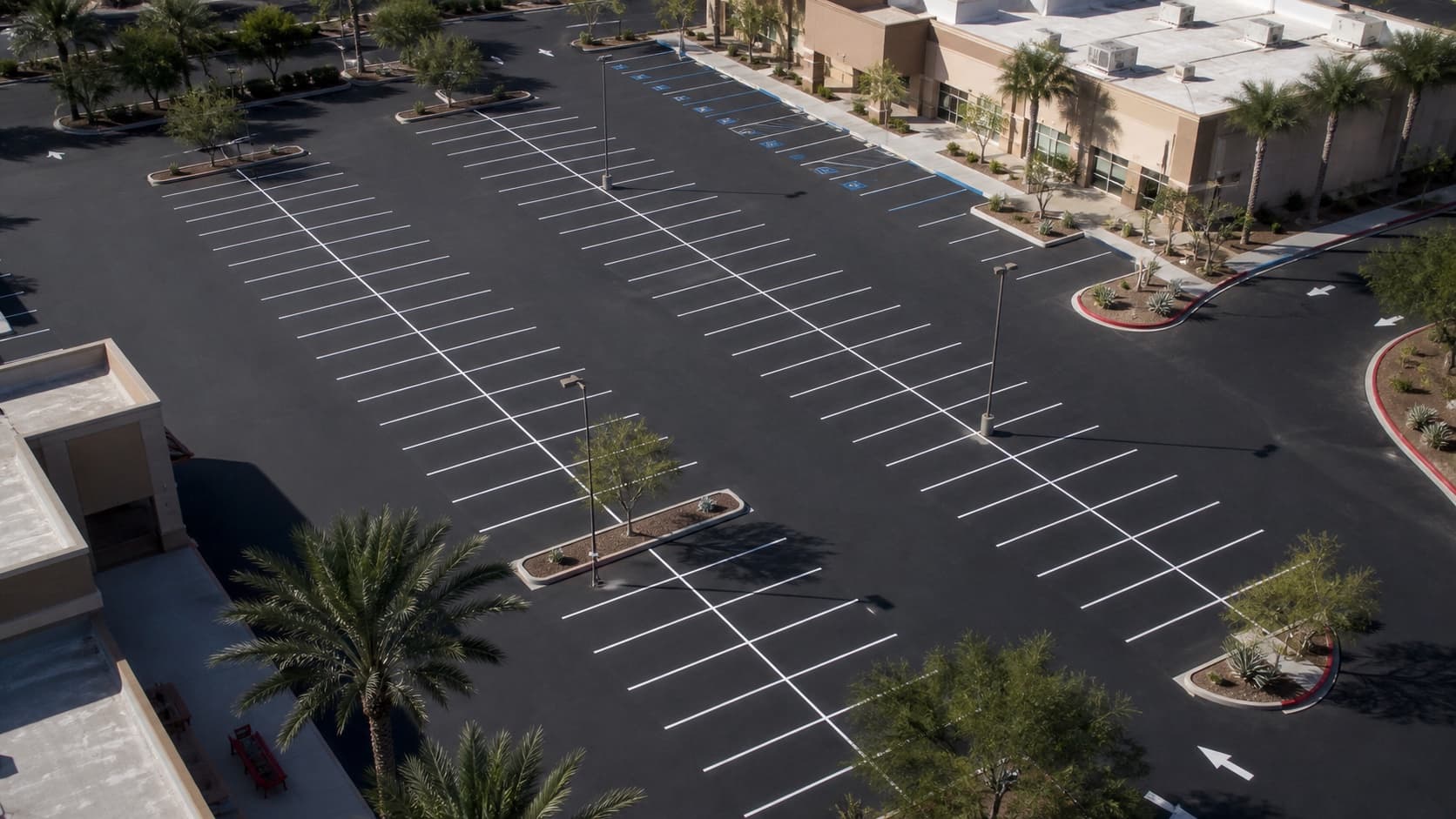 Illustrative aerial view of a completed Southern California commercial paving and striping project