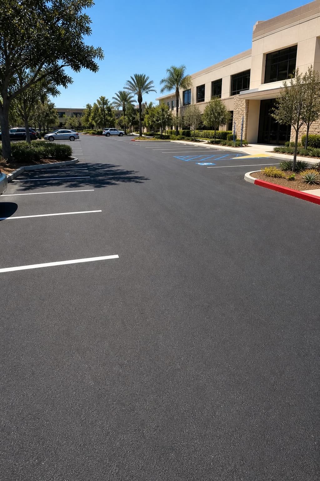 Illustrative iPhone-style view of a finished medical office parking lot with new asphalt and accessible markings